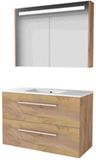 Basic-Line Premium 46 Badkamermeubelset - 100 x 46 cm - Met Grepen - 2 Lades - Keramische Wastafel - 1 Kraangat - Spiegelkast met LED Verlichting - Whisky Oak