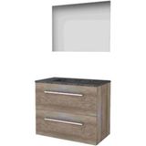 Basic-Line Ultimate 46 Meuble de salle de bain - 80 x 46 cm - Avec poignées - 2 tiroirs - Lavabo en pierre naturelle - 1 trou de robinet - Miroir avec LED indirecte
