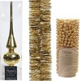 Bellatio Decorations Kaemingk B.V. Kerstversiering set gouden piek, folieslinger en kralenslinger - Kerstboomversiering goud
