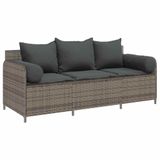 vidaXL Tuinbank 3-zits met kussens poly rattan grijs