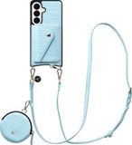 AVY Leren Hoesje geschikt voor Samsung Galaxy S26 Plus | Met Koord, Wallet en Pouch | Compatibel met MagSafe | Leather Case met 130CM Koord | Long Leather | Croco Blauw