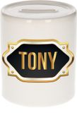 Bellatio Decorations Spaarpot met voornaam Tony - wit - met goud/zwart embleem - 8 x 9 cm - keramiek - met afsluitdop - cadeau verjaardag