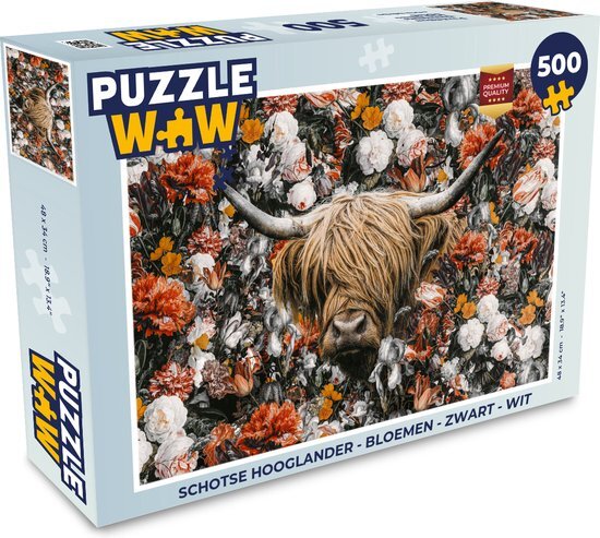 MuchoWow Puzzel Schotse hooglander - Bloemen - Zwart - Wit - Legpuzzel - Puzzel 500 stukjes