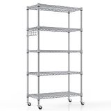 Rek Rek met 5 Planken en Wielen, Robuust Metalen Draadrek met Haken, In Hoogte Verstelbaar, voor Badkamer, Keuken, Garage (76 x 35 x 158 cm), Zilver