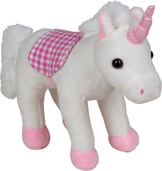 Happy People Pluche eenhoorn knuffel wit/roze 20 cm - Unicorn speelgoed