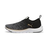 PUMA Softride Remi Slip-on Knit hardloopschoenen voor Dames, Zwart/Grijs/Goud, Maat 35,5