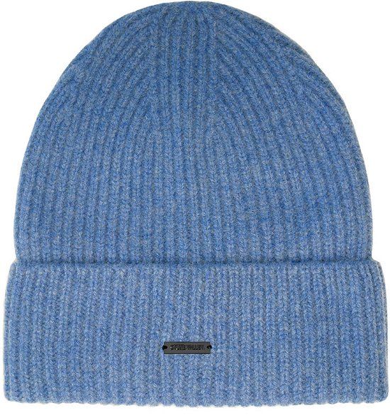Stone Valley 100% Wol Blauw Geribbelde Muts met Zwart Metalen Logo