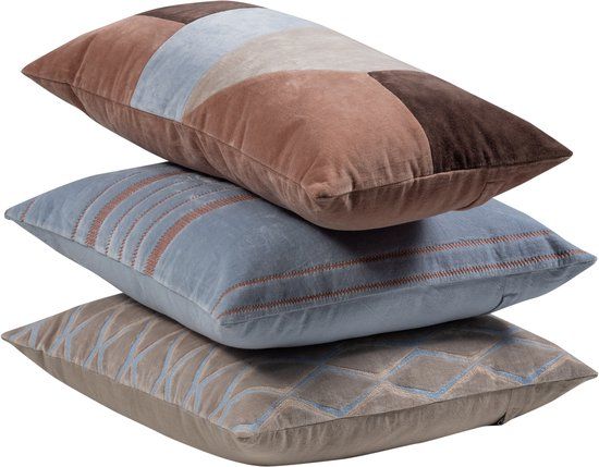 WOOOD Laon Kussens - Velvet stof - Naturel/Blauw - Set Van 3