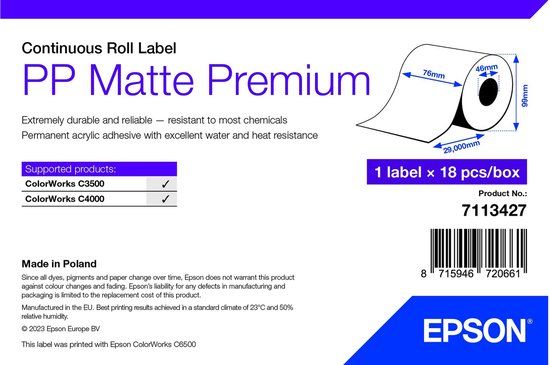Epson 7113427 PP matte premium doorlopende labelrol 76 mm x 29 m (origineel)
