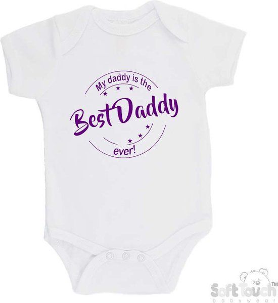 Merkloos / Sans marque Romper "My daddy is the best daddy ever!" - Wit/paars - Maat 62/68 - Unisex - Katoen