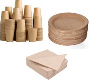 Merkloos / Sans marque Packadi 100 Kartonnen Borden 23cm + 100 Kartonnen Bekers 240ml + 100 Bio Servetten 33x33cm