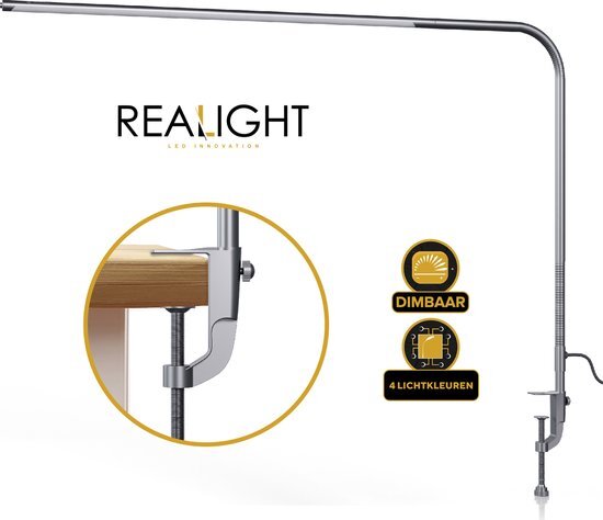 Realight Led Bureaulamp met Klem - Verstelbare Leeslamp - Daglichtlamp - 110 x 1,5 cm - Zilver