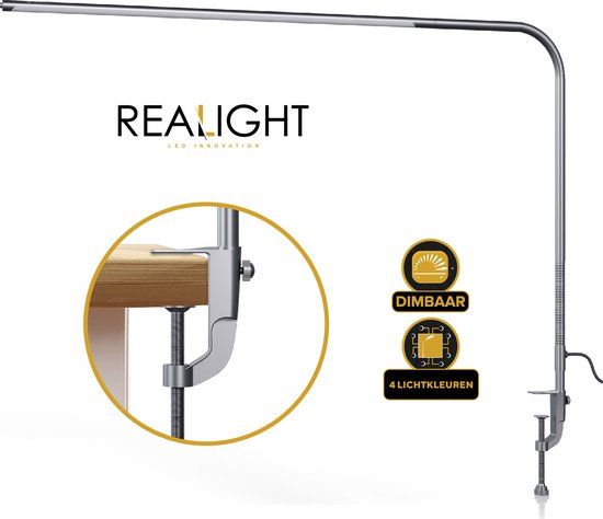 Realight LED Desk Lamp with Clamp - Adjustable Reading Lamp - Daylight Lamp - 110 x 1.5 cm - Silver