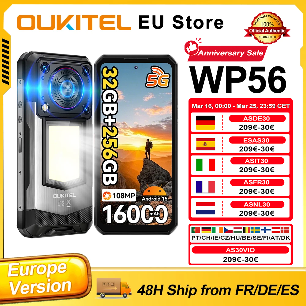 OUKITEL WP56 8GB 256GB Android 15 Smartphone 16000mAh 45W Campinglamp 6.8" FHD 120Hz 128dB Speaker 108MP 5G Mobiele Telefoon