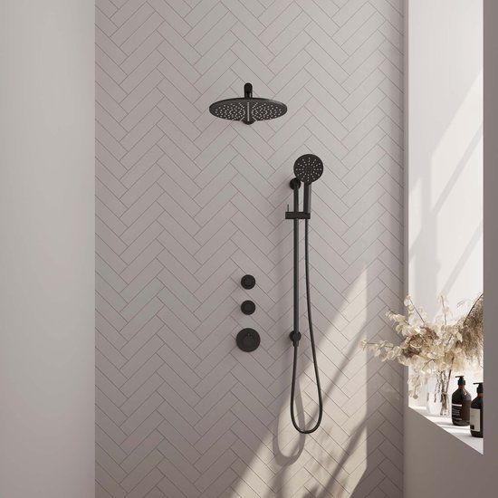 Brauer Saniclass Brauer Black thermostatische inbouwdoucheset 30cm hoofddouche wandarm 3 standen handdouche op glijstang mat zwart 5-S-038