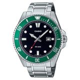 Casio MDV107D-3AV 200 m roestvrijstalen duikhorloge met groene lunette, zwarte wijzerplaat, 3 wijzers, zwart, sport