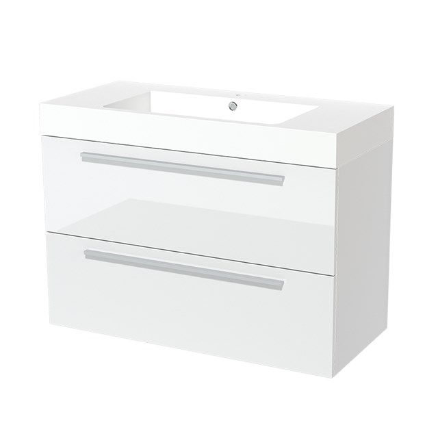Maxaro Badkamermeubel 100cm Modulo Hoogglans Wit 2 Lades Vlak Wastafel Mineraalmarmer