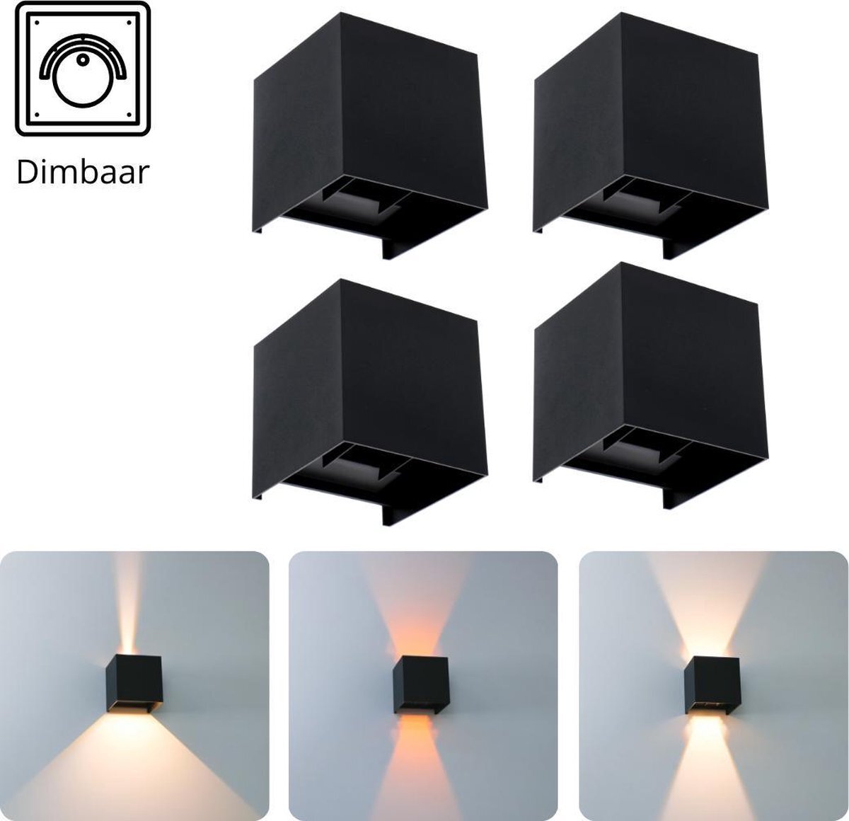 Proventa KUBUS Outdoor LED Muurlamp - Dimbaar - 4pack Wandlamp Zwart