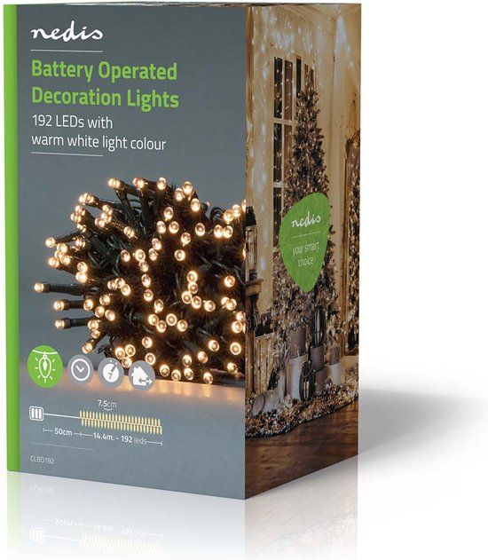 Nedis Kerstverlichting - Koord - 192 LED's - Warm Wit - 14.40 m - Batterij - Binnen & Buiten