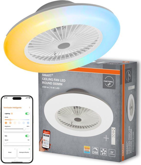 Osram WiFi plafondventilator met LED lamp, lichtkleur warm wit tot daglicht wit, 3000 lumen, app bediening & afstandsbediening, dimbaar, wit