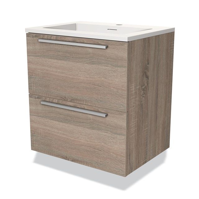 Maxaro Badkamermeubel 60cm Modulo Eiken 2 Lades Vlak Wastafel Solid Surface
