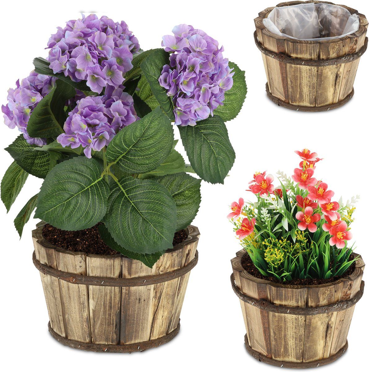 Relaxdays Bloempot kastanjehout - set van 3 - gevlamde look - plantenpot - bruin