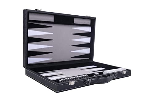 Engelhart Luxus Backgammon 45,5 cm - Kunstleer - Perlmutt Würfel - Grijs/Zwart/Wit