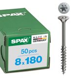 SPAX Roestvaststalen schroef, 8 x 180 mm, 50 stuks, Deeldraad, Verzonken kop, T-STAR plus T40, 4CUT, Roestvast staal A2