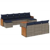 vidaXL 11-delige tuinbankset met kussens, grijs, polyrotan