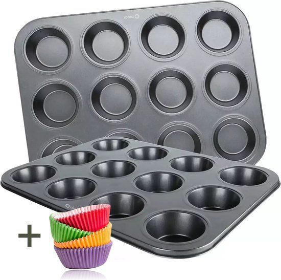 COOCK Muffin Bakvorm - 12 Cupcake Vormpjes - Non Stick - Incl. Papieren vormpjes & E-book