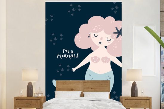 Nr1Wallpaper Behang - Fotobehang Kinderillustratie van een zeemeermin met de quote I'm a mermaid - Breedte 200 cm x hoogte 300 cm