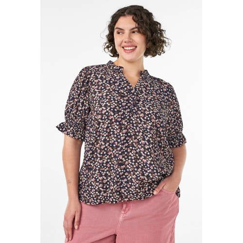 Zizzi Rechtvallend Gebloemde Blousetop Plus Size - Donkerblauw