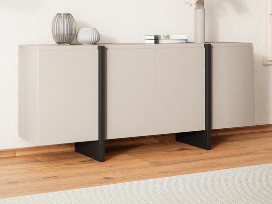 Merkloos Buffetkast LUVONIA - 180x81x45 cm - Beige/Zwart - Met 4 deuren