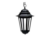 Buitenlamp van zwart aluminium, gehangen aan een elegante ketting.