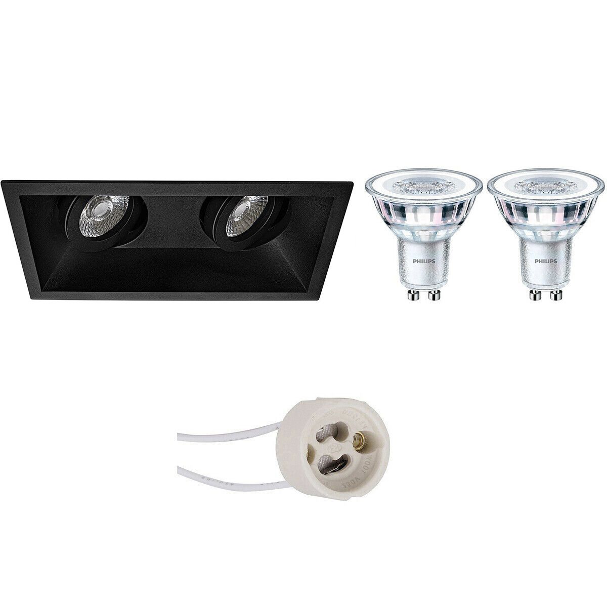 BES LED Spot Set - Pragmi Zano Pro - GU10 - Inbouw Rechthoek Dubbel - Mat Zwart - Kantelbaar - Philips CorePro 827 - 3.5W - Warm Wit