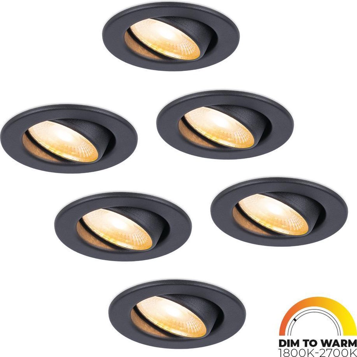 HOFTRONIC 6x Malta - Dim to warm inbouwspot - LED - Rond zaagmaat 60-67mm - Zwart - Dimbaar - Kantelbaar - 5 Watt - 480 lumen - 230V - 1800-2700K - Plafondspots - Inbouwspot voor badkamer en buiten -