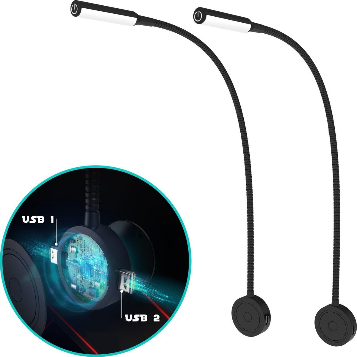 Bolt Electronics® BLLIQ2011 Leeslamp 2 stuks – Bedlamp met 2 USB's - Nachtlampje voor Volwassenen - Wandlamp met Dimfunctie - Zwart