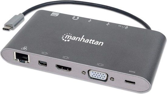 MANHATTAN USB-C 9-Port Hub/Dock/Converter - USB-C to HDMI, USB-C(inc PD), Mini DisplayPort, VGA, 3x USB-A, Gigabit RJ45 and 3.5mm Audio with SD Card Reader - 152808