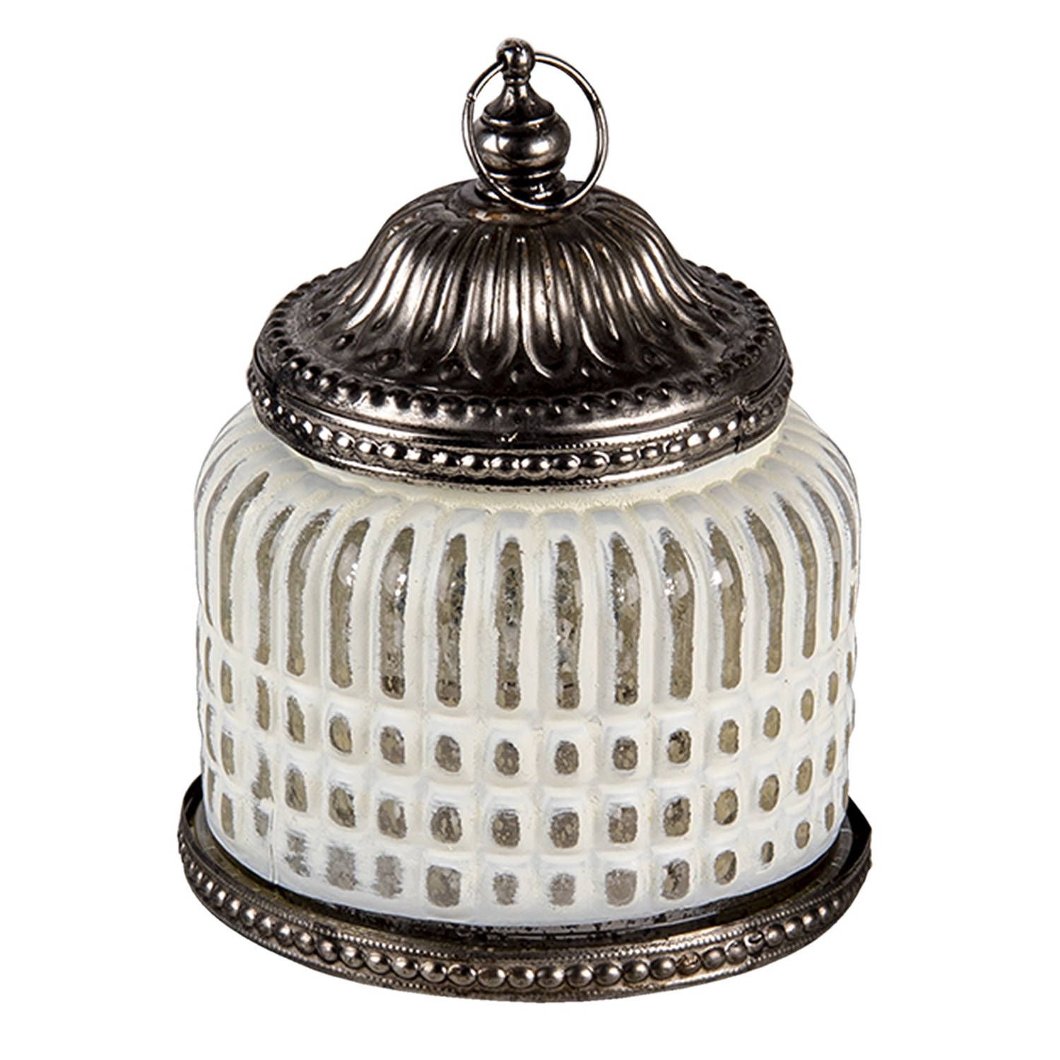 Clayre & Eef Glazen Theelichthouder - ø 9*13 cm - Wit Glas, Metaal Rond - Met Led Kaars