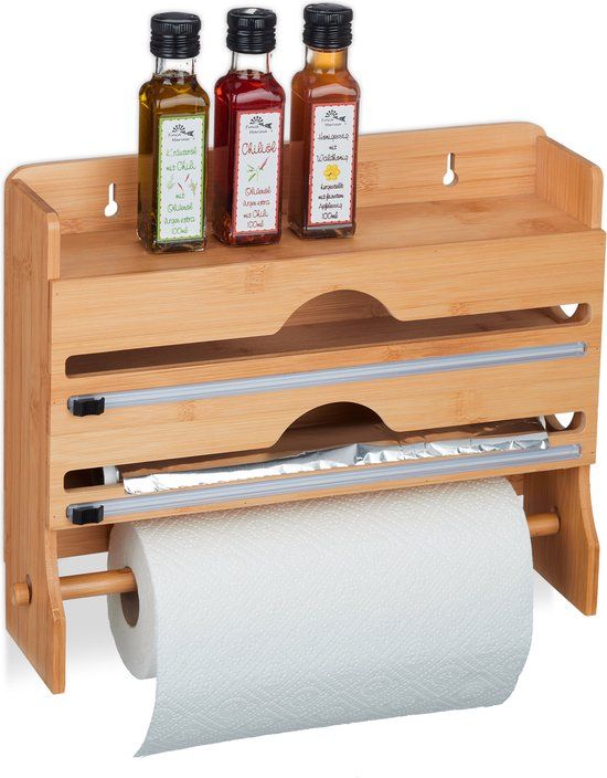 Merkloos Relaxdays Bamboe Rollenhouder - 3 in 1 - Keukenrol, Folie en Meer