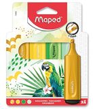 Maped - 4 markeerstiften Fluo'Peps – afgeschuinde punt – markeerstift met lange houdbaarheid – voor school en werk – markeerstift pastel, neon en glitterinkt – thema tropisch geel/groen