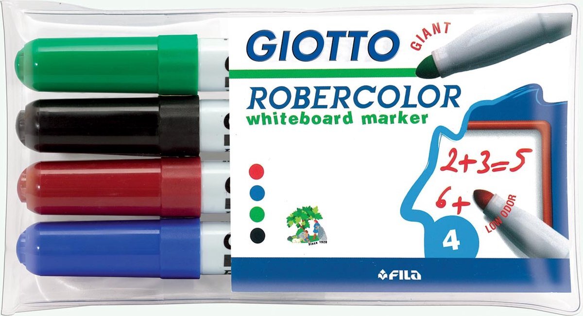 Giottos Robercolor whiteboardmarker maxi, ronde punt, etui met 4 stuks in geassorteerde kleuren 20 stuks