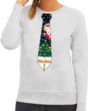 Bellatio Decorations Foute kersttrui - sweater - met stropdas kerst print - grijs - voor dames XL