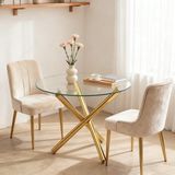 MODFU Ronde eettafel met gehard glazen blad en gouden kruispoot – Modern design voor 2-4 personen – Metaal en glas – Goud – 80x80x76 cm