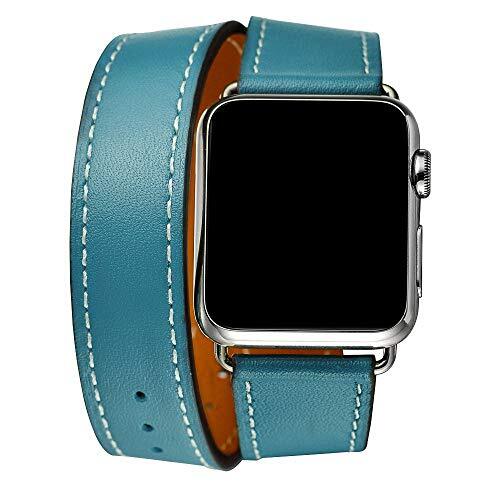 Mootes Lederen dubbele tourband, compatibel met Apple Watch Band 38 mm 40 mm 41 mm 42 mm 44 mm 45 mm, echt lederen polsband voor iwatch serie 7 6 5 4 3 2 1 SE, Dubbele Tour-sky Blauw, 38mm/40mm/41mm