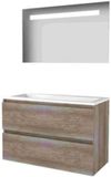 Basic-Line Economic 46 Badkamermeubelset - 100 x 46 cm - Greeploos - 2 Lades - Acryl Wastafel - 1 Kraangat - Spiegel met LED Verlichting - Scotch Oak