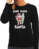 Bellatio Decorations Surf dude Santa fun Kerst sweater / kersttrui zwart voor dames - Kerstkleding / Christmas outfit XS