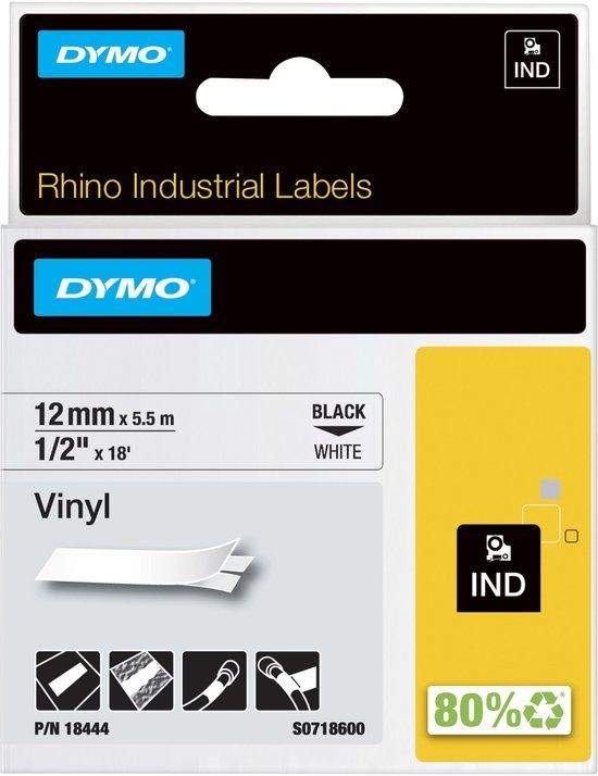 DYMO Industriële Vinyl Labels | 12 mm x 5,5 m | Zwart op Wit