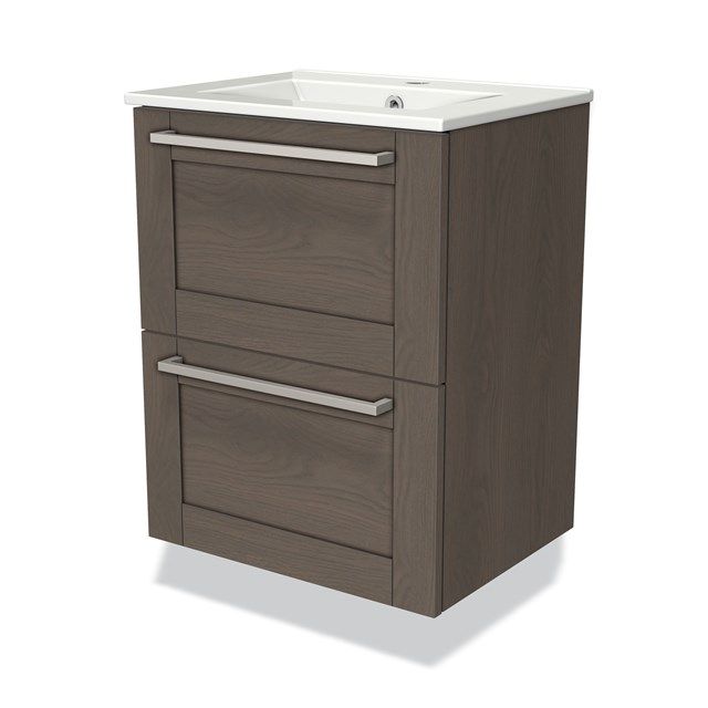 Maxaro Badkamermeubel 50cm Modulo Slim Donkerbruin Eiken 2 Lades Kader Wastafel Keramiek