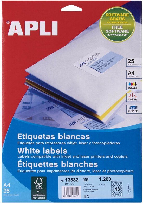 Apli Circular Ø 30 mm White A4 Labels - 25 Sheets